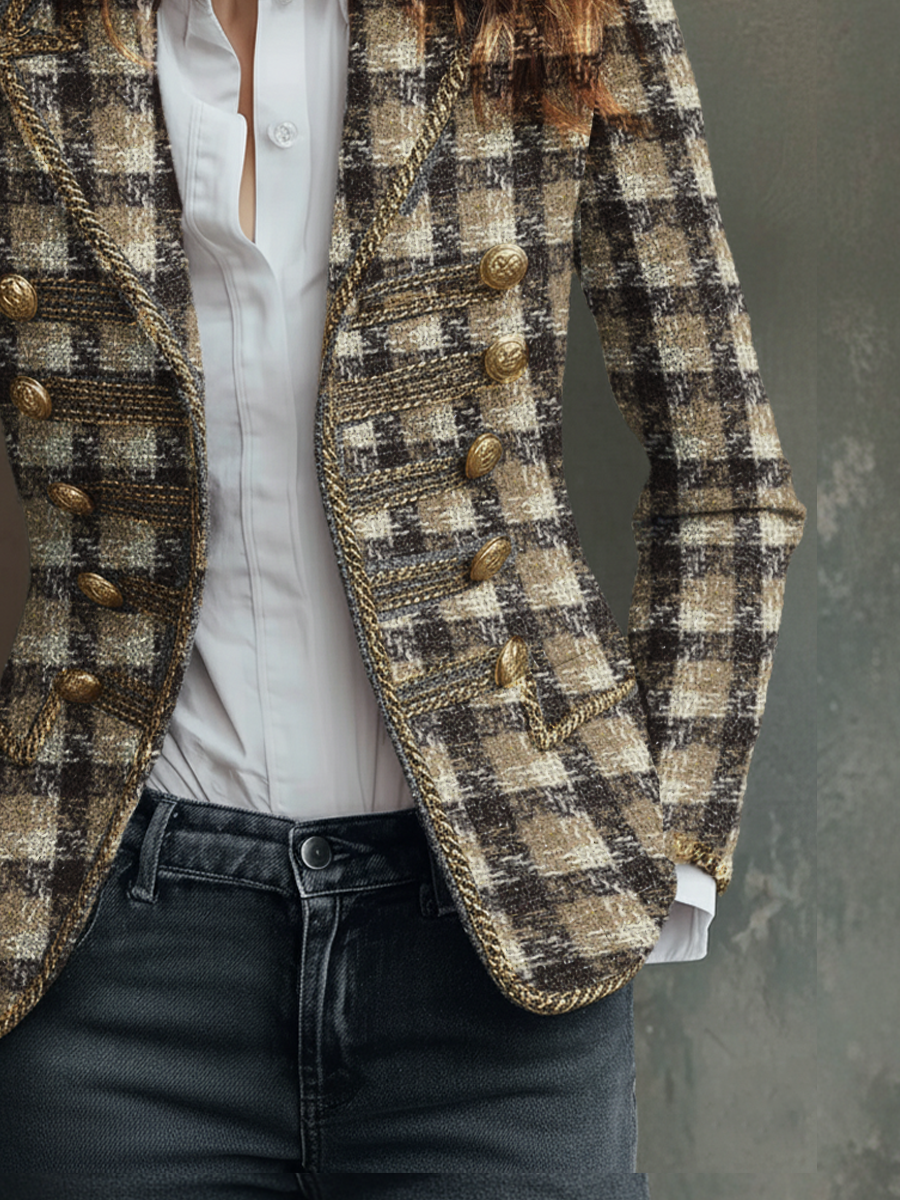 Retro Plaid Tweed Military Style Blazer