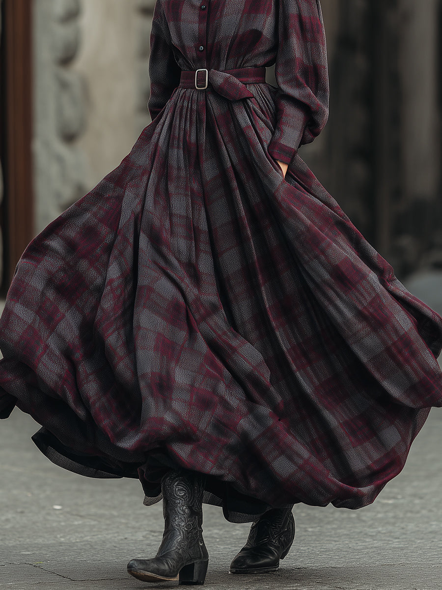 Inéalondon™ | Printed Lantern Sleeve Shirt Maxi Dress With Belt