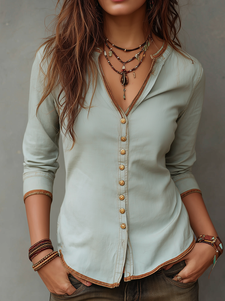 Inéalondon™ | Henley Collar Denim Blouse