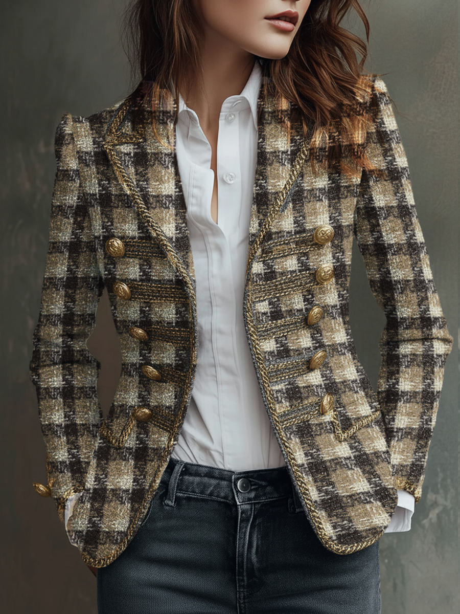 Retro Plaid Tweed Military Style Blazer