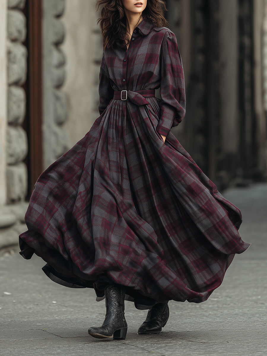 Inéalondon™ | Printed Lantern Sleeve Shirt Maxi Dress With Belt