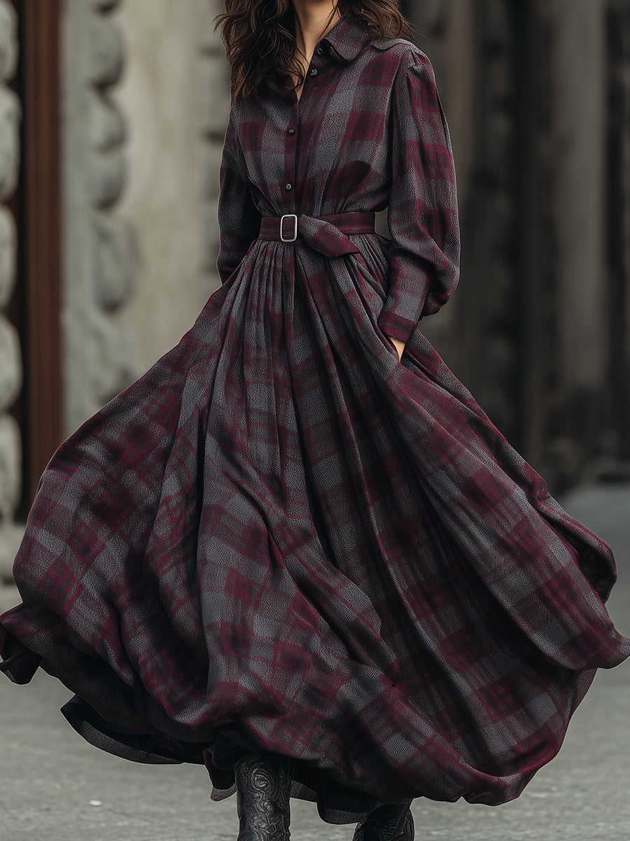 Inéalondon™ | Printed Lantern Sleeve Shirt Maxi Dress With Belt