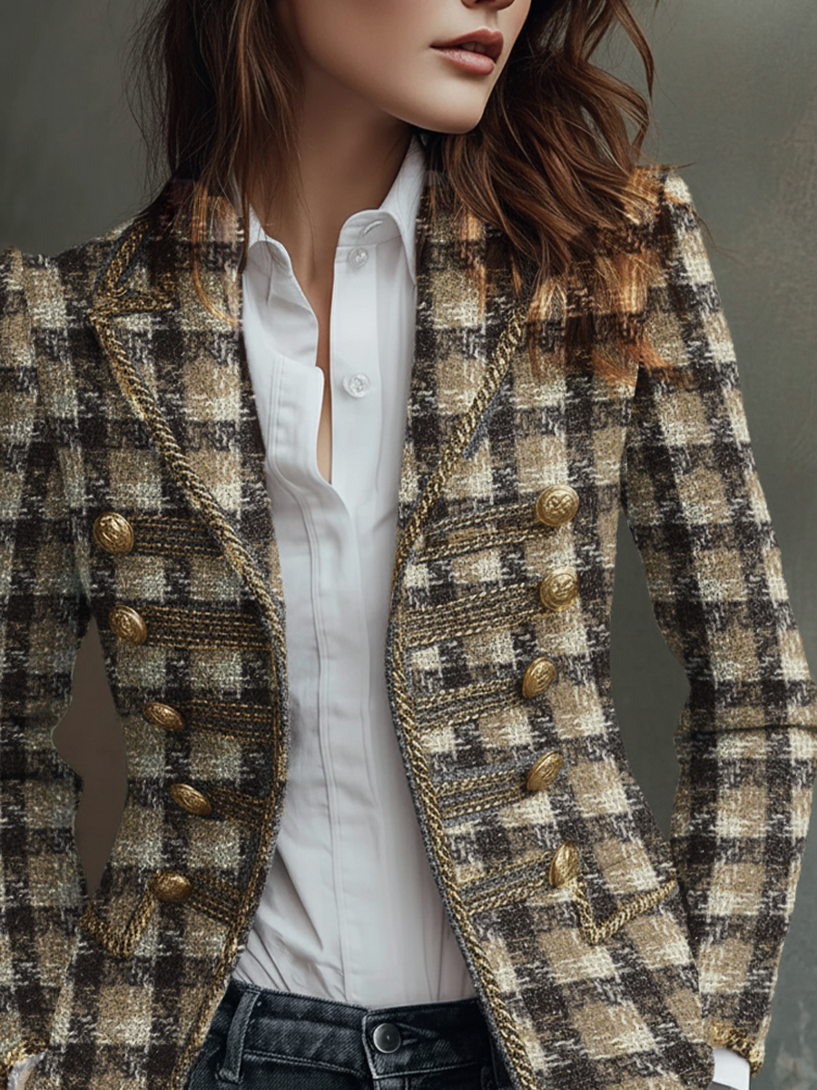 Retro Plaid Tweed Military Style Blazer
