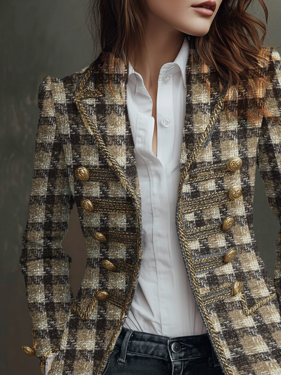 Retro Plaid Tweed Military Style Blazer