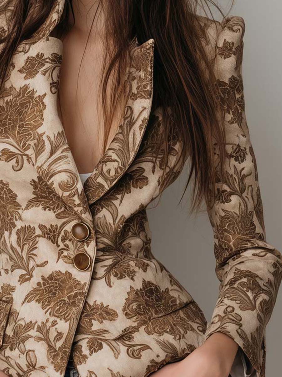 Vintage Floral Printed Eco-Suede Blazer – Sandstone Beige