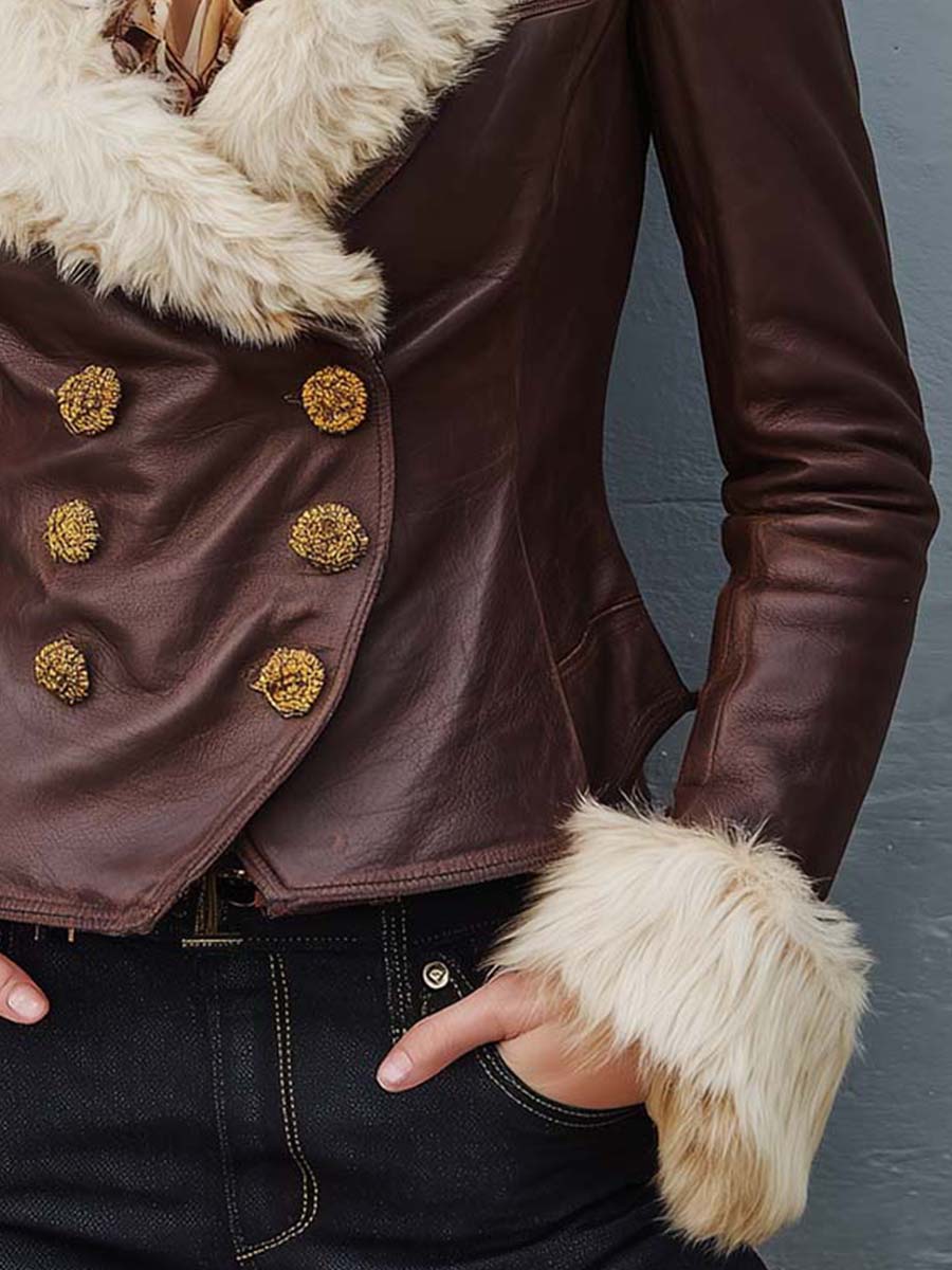 Inéalondon™ | Leather Jacket With Faux Fur Collar & Gold Buttons