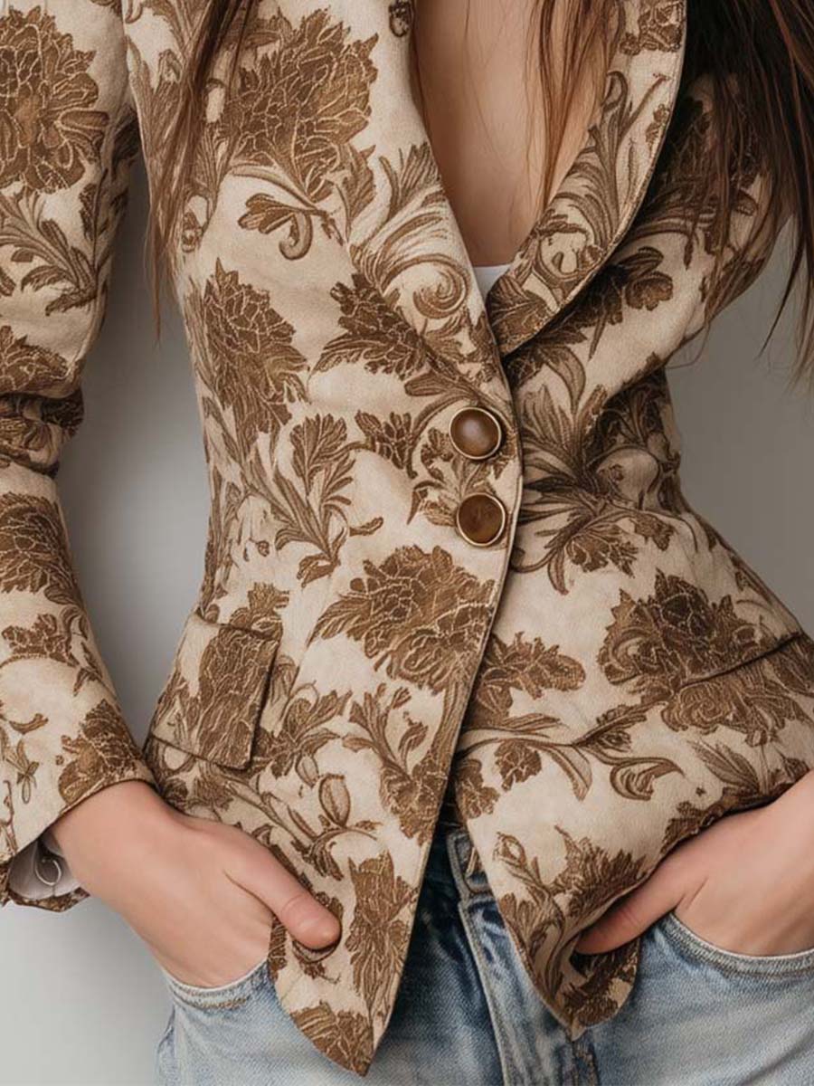 Vintage Floral Printed Eco-Suede Blazer – Sandstone Beige