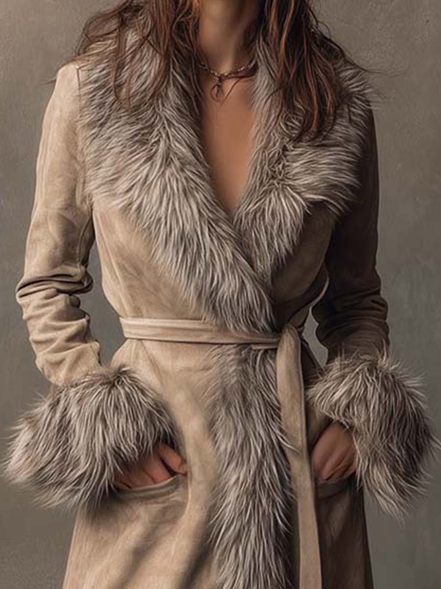 TInéalondon™ |  Suede Long Coat With Faux Fur Trim And Belt