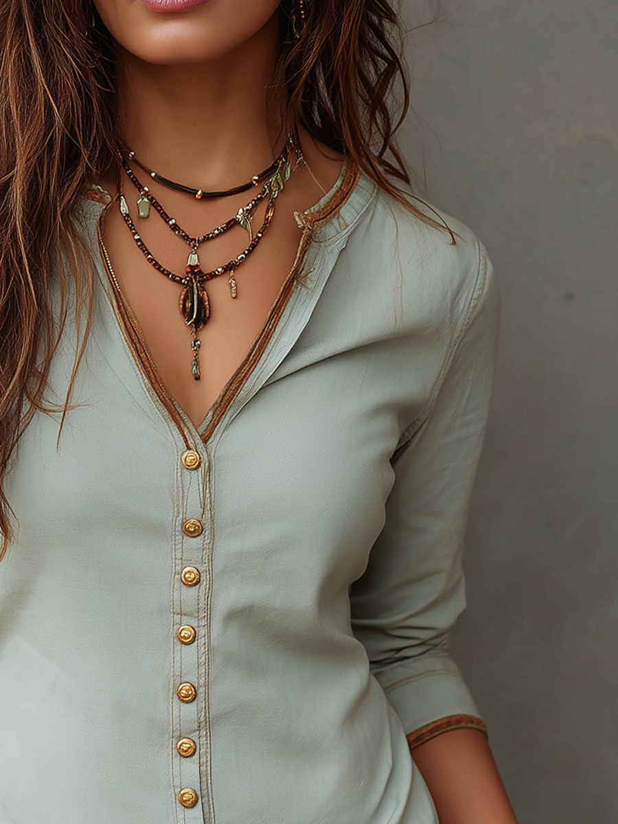 Inéalondon™ | Henley Collar Denim Blouse