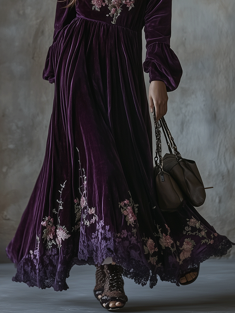 Inéalondon™ | Embroidered Velvet Maxi Dress