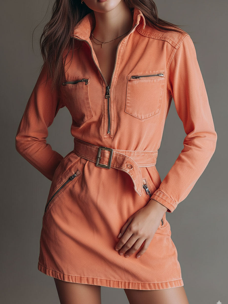 Inéalondon™ | Belted Shirt Denim Dress