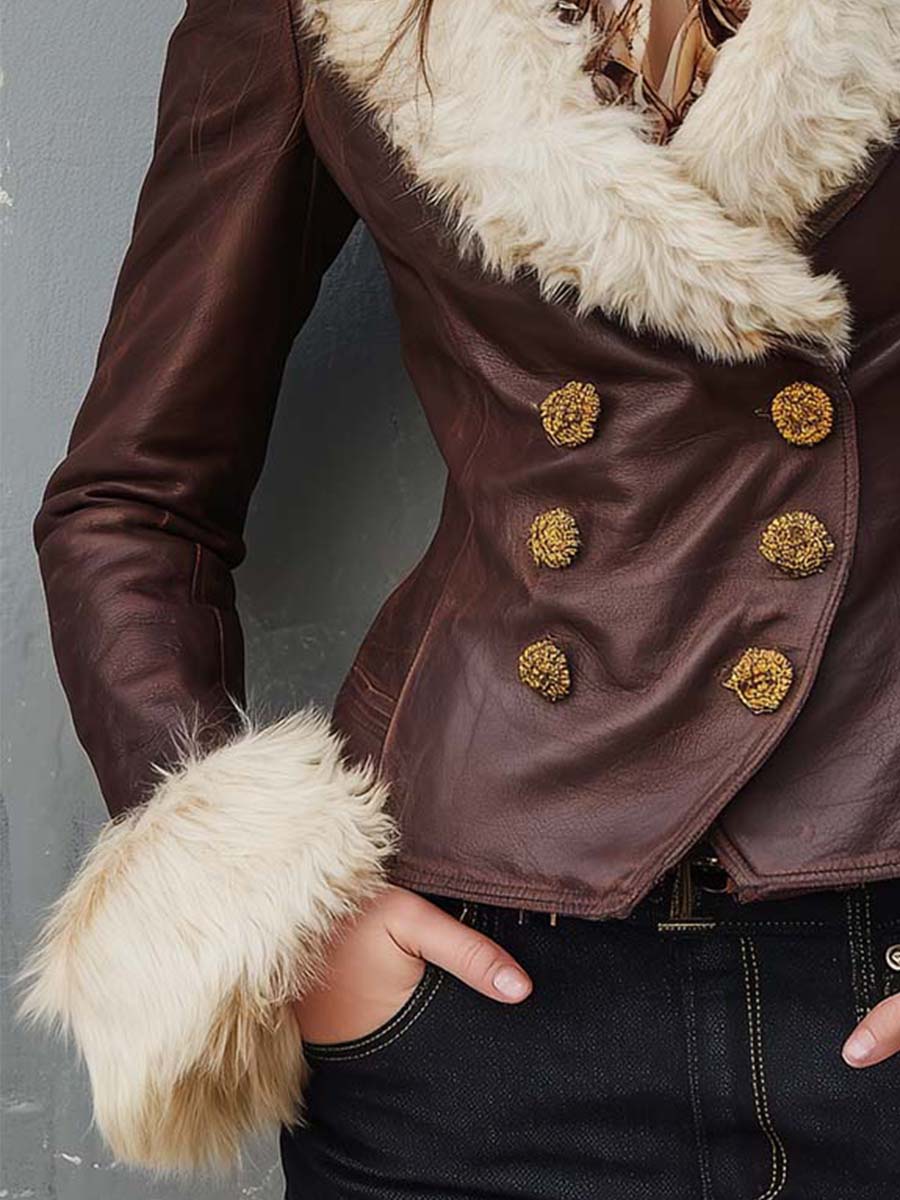 Inéalondon™ |  Leather Jacket With Faux Fur Collar & Gold Buttons