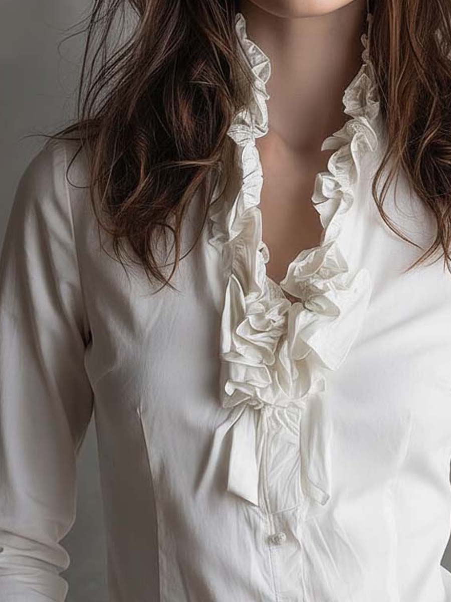 Inéalondon™ | White Ruffle Trim Blouse