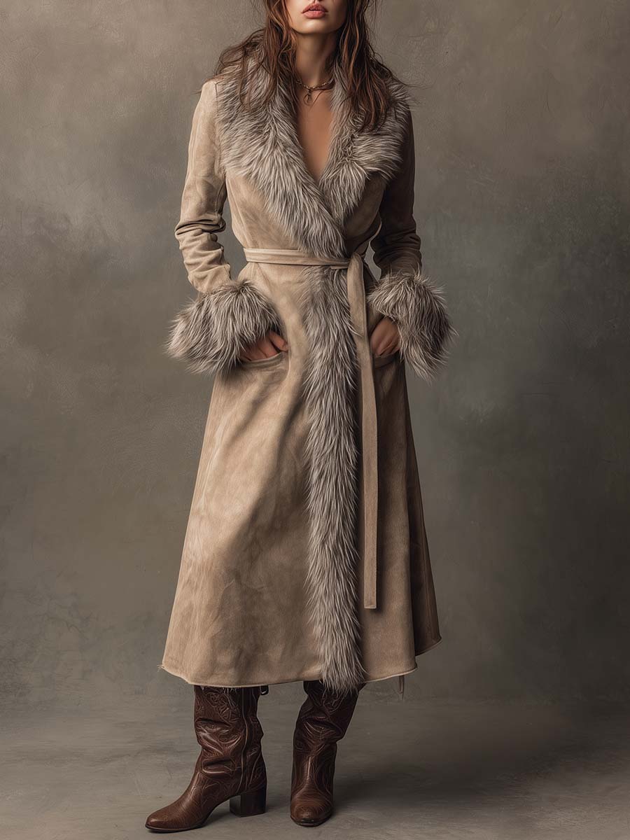 TInéalondon™ |  Suede Long Coat With Faux Fur Trim And Belt