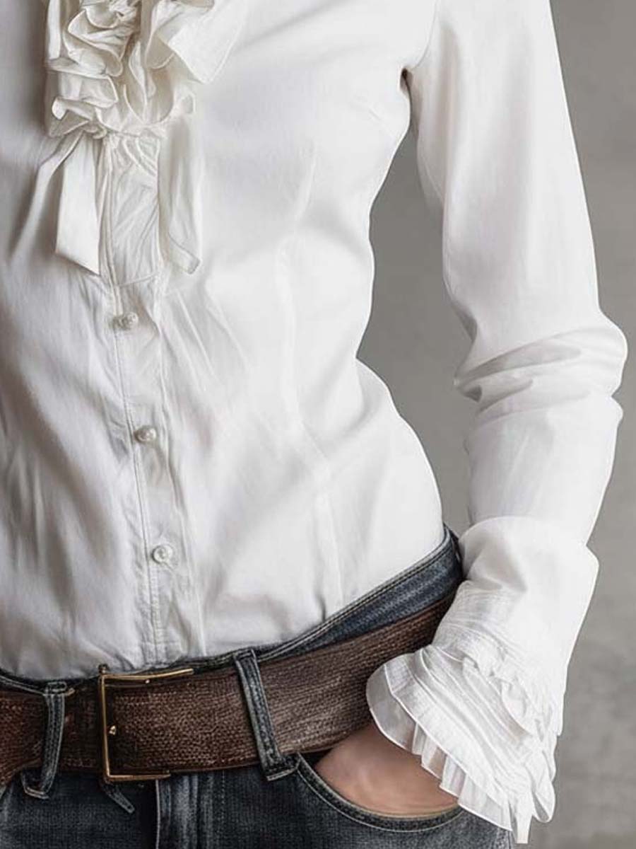 Inéalondon™ | White Ruffle Trim Blouse