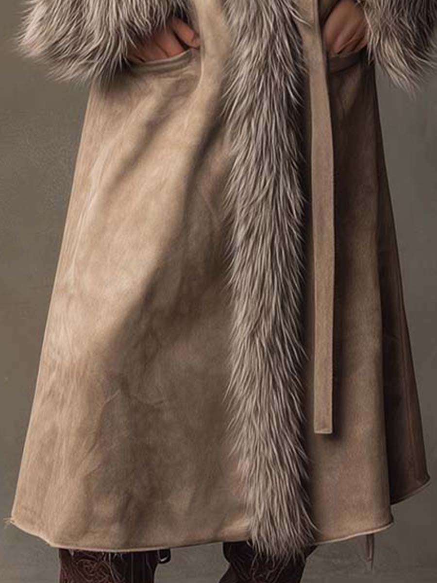 TInéalondon™ |  Suede Long Coat With Faux Fur Trim And Belt