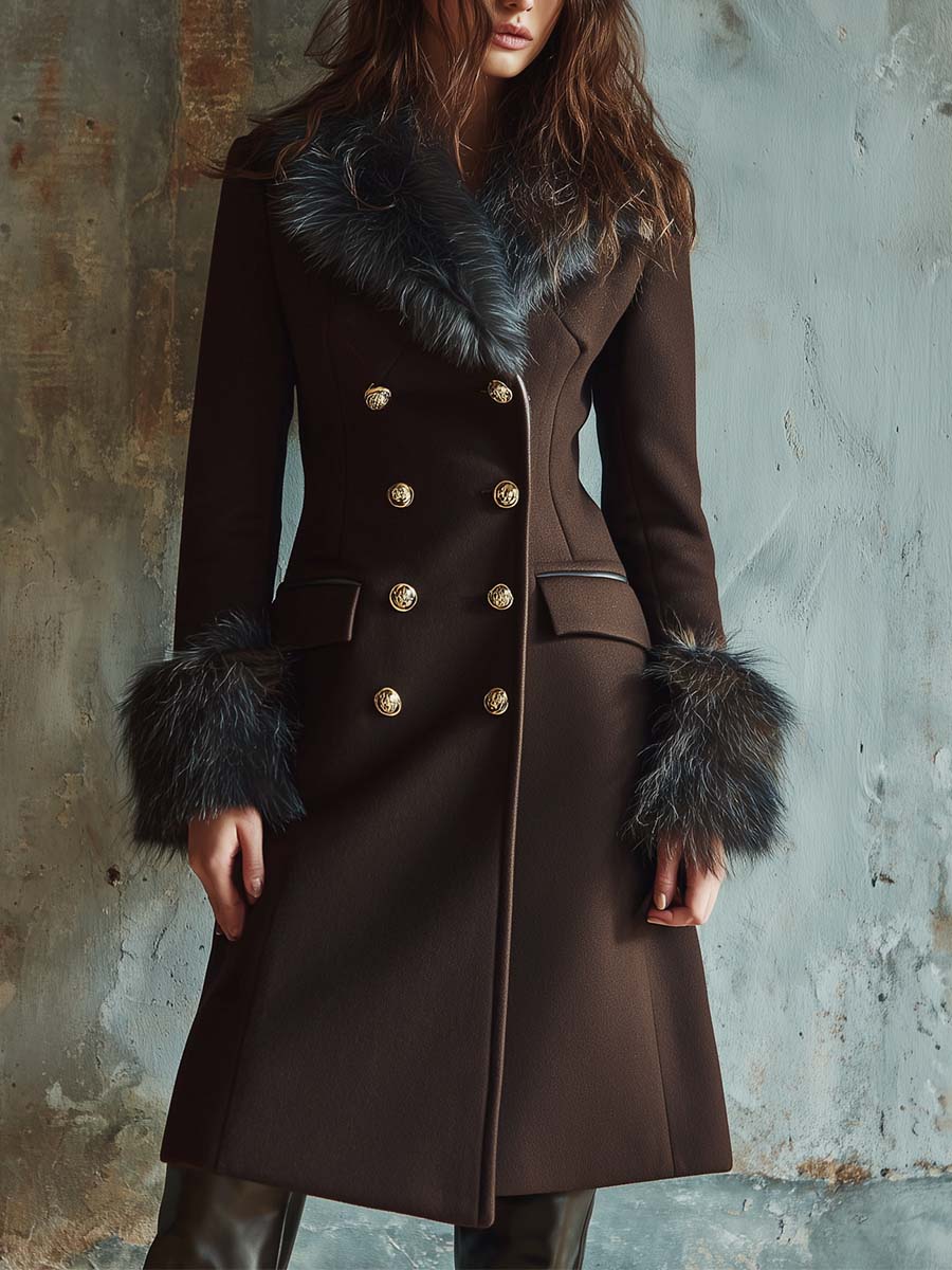 Inéalondon™ |  Wool Blend Long Coat With Faux Fur Collar