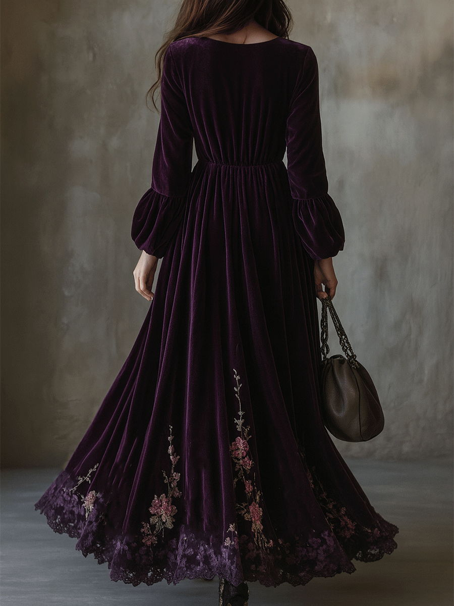 Inéalondon™ | Embroidered Velvet Maxi Dress