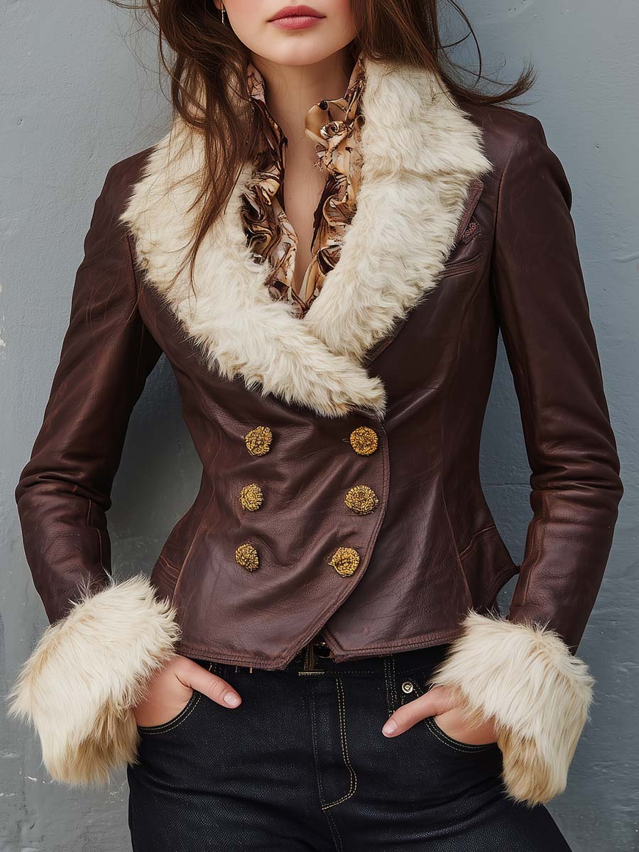 Inéalondon™ |  Leather Jacket With Faux Fur Collar & Gold Buttons