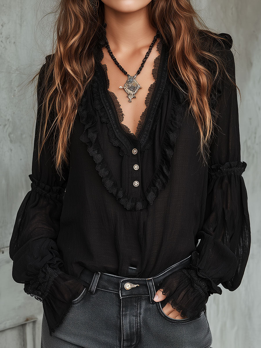 Inéalondon™ | Sleeve Blouse With Lace Trim