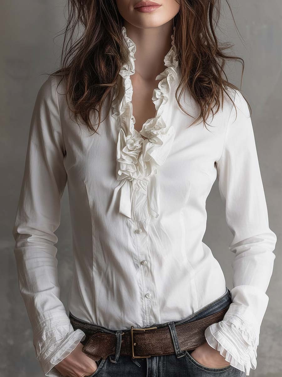 Inéalondon™ | White Ruffle Trim Blouse
