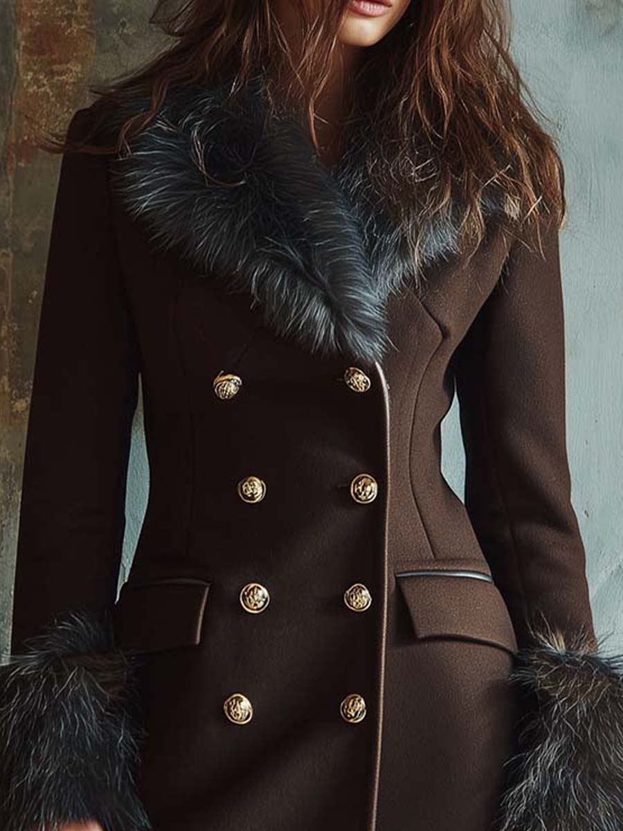 Inéalondon™ |  Wool Blend Long Coat With Faux Fur Collar