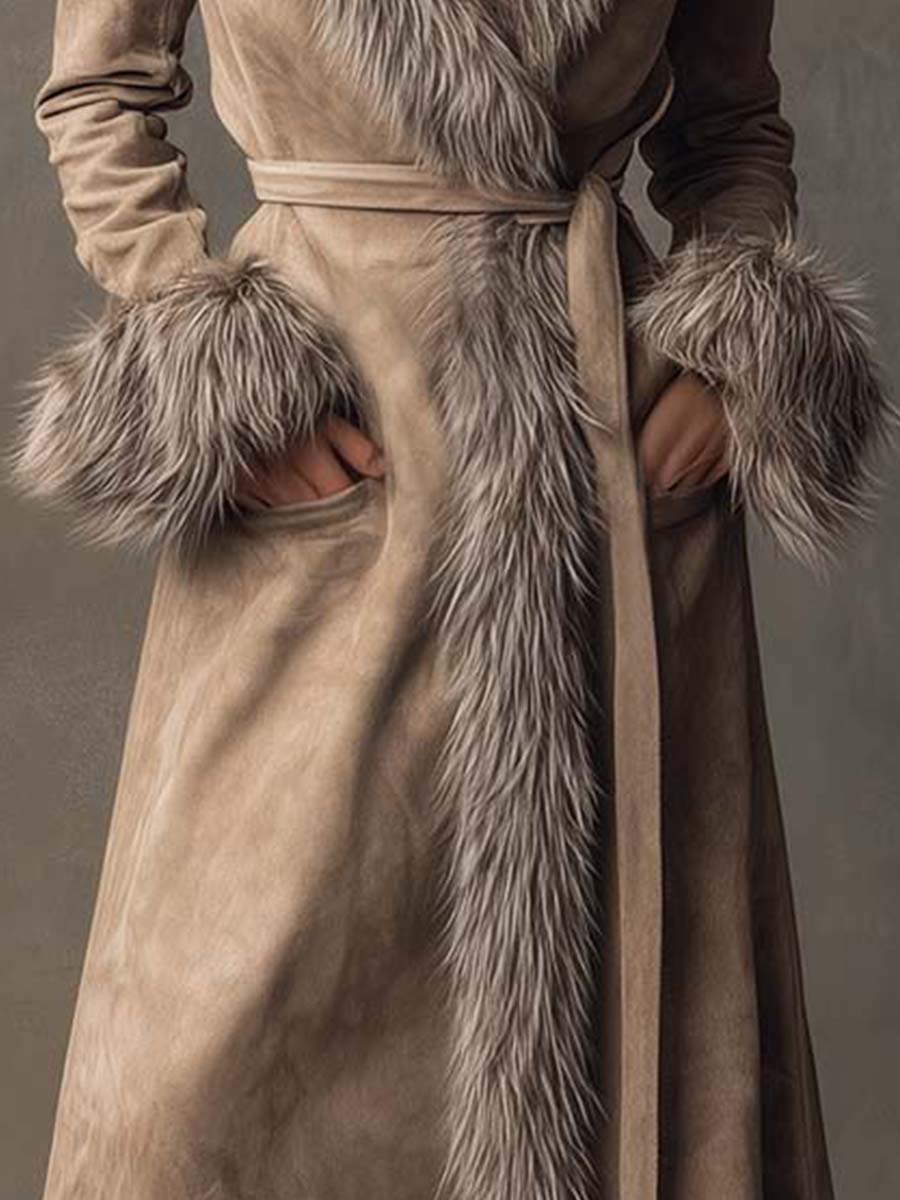 TInéalondon™ |  Suede Long Coat With Faux Fur Trim And Belt
