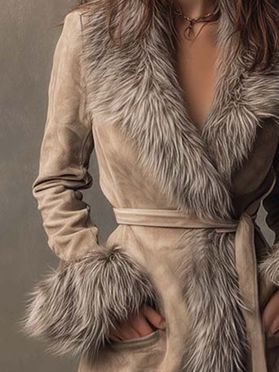 TInéalondon™ |  Suede Long Coat With Faux Fur Trim And Belt