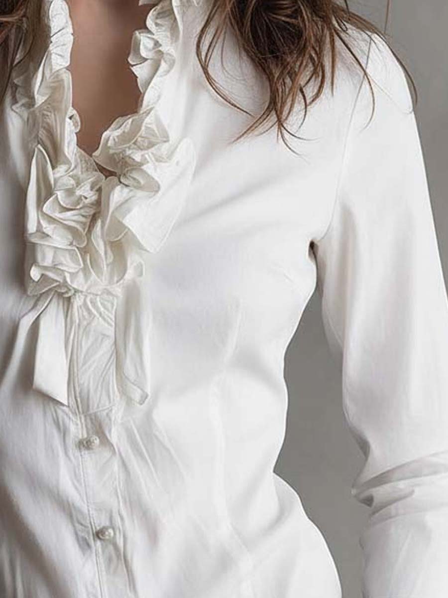 Inéalondon™ | White Ruffle Trim Blouse